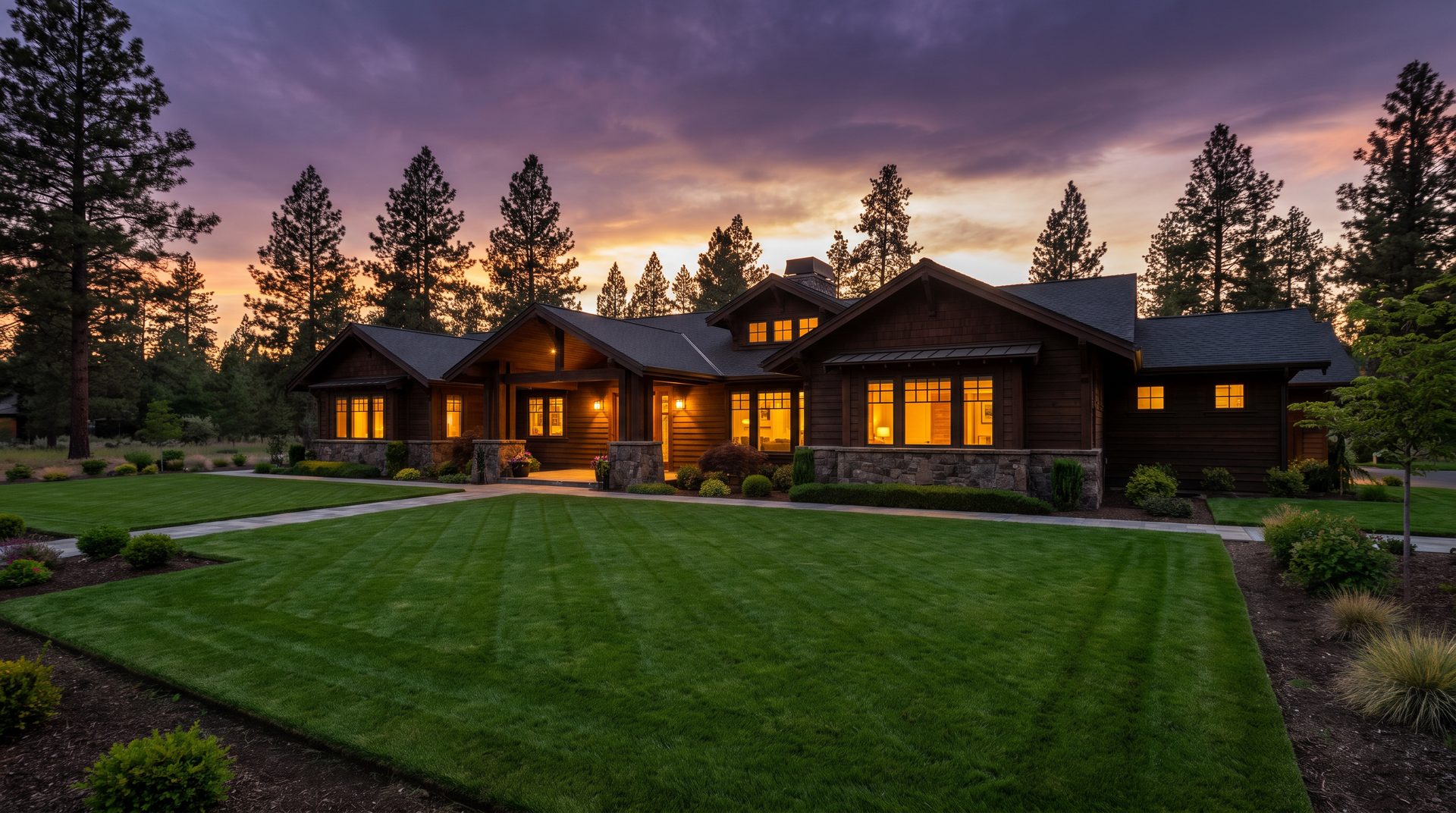 A finished lawn glowing in the evening light after a full service day