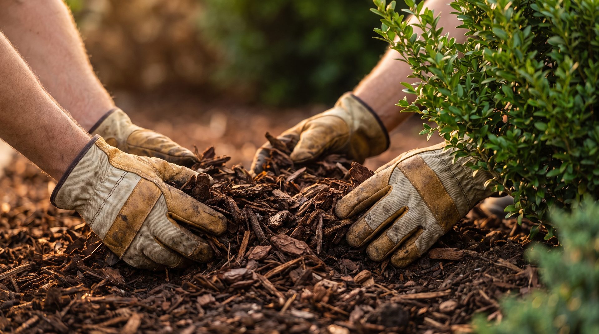 Hands spreading fresh bark mulch into a garden bed
