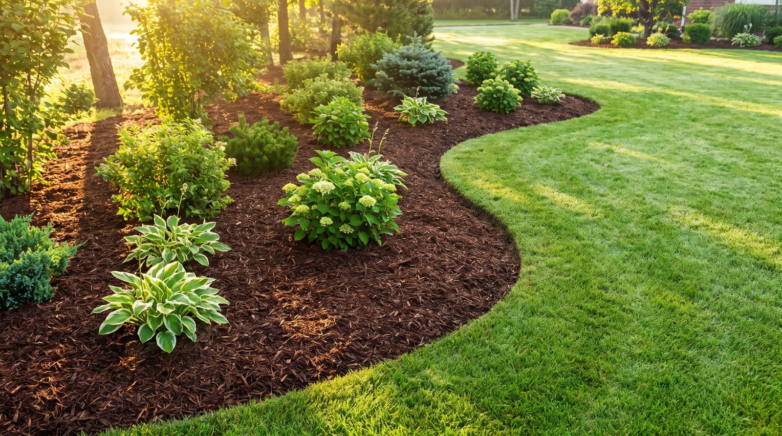 Freshly installed dark bark mulch along a garden bed in Post Falls, Idaho